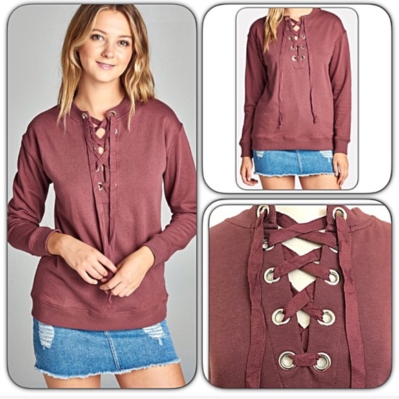 Sweaters - Date Night Marsala Soft Lace Up Top S